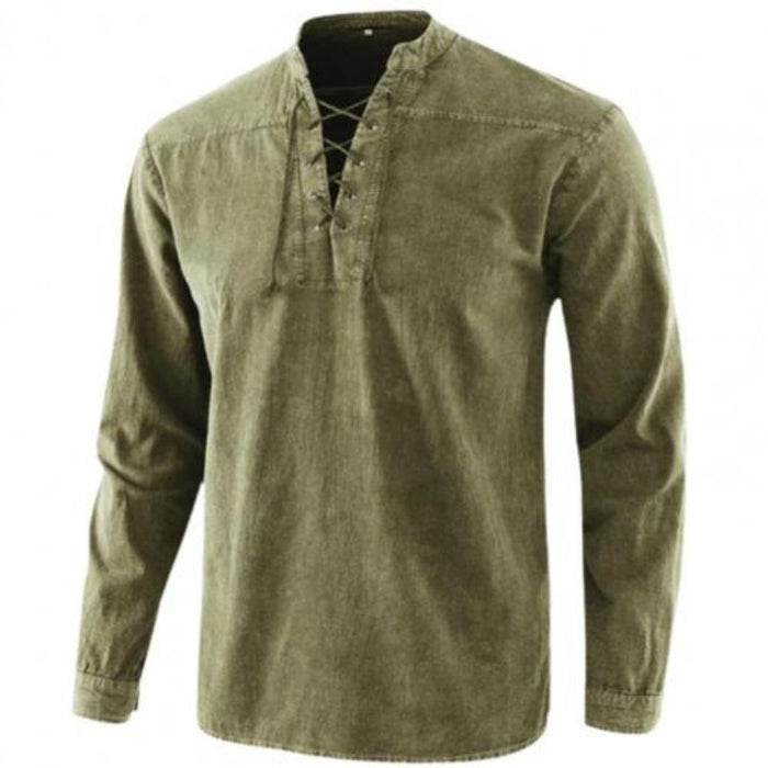 Vintage Stand Collar Solid Color Long Sleeve Causal T Shirt Men
