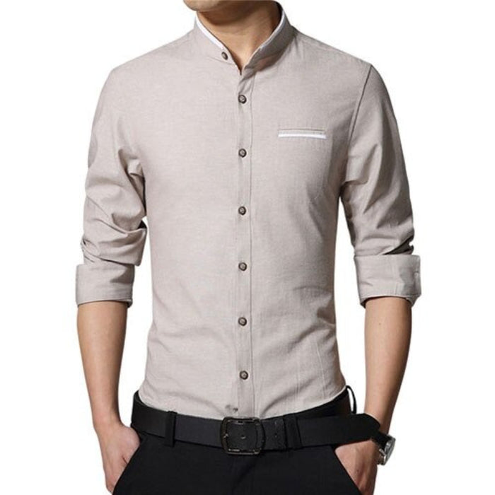 Long Sleeve Casual Mandarin Collar Slim Fit Shirt Men
