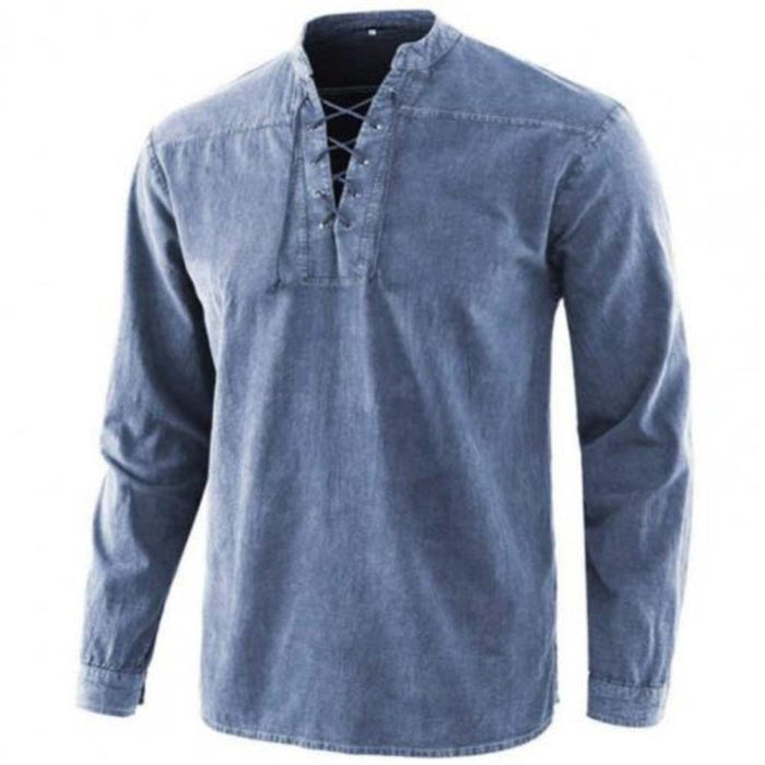 Vintage Stand Collar Solid Color Long Sleeve Causal T Shirt Men